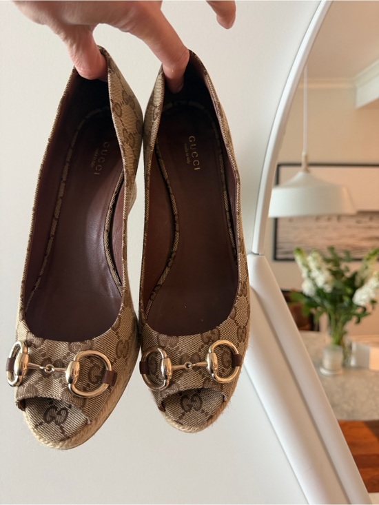 Gucci Shoes - Gucci Beige Monogram Peep-Toe Heels espadrille with Horsebit